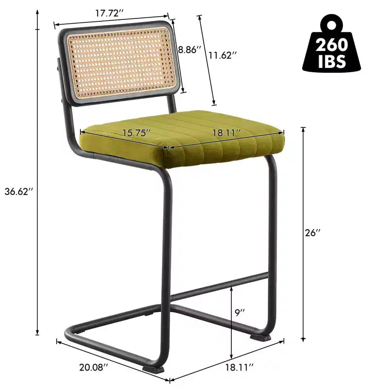 26 tabourets de bar hauteur comptoir – en rotin, velours avec dossier en cannage et structure en métal, tabourets de cuisine modernes du milieu du siècle pour îlot de cuisine