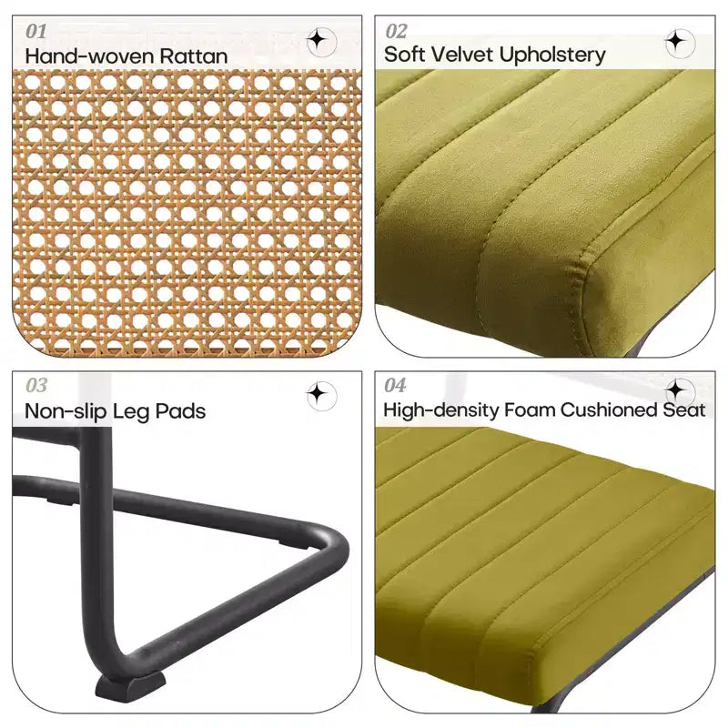 26 tabourets de bar hauteur comptoir – en rotin, velours avec dossier en cannage et structure en métal, tabourets de cuisine modernes du milieu du siècle pour îlot de cuisine