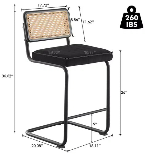 26 tabourets de bar hauteur comptoir – en rotin, velours avec dossier en cannage et structure en métal, tabourets de cuisine modernes du milieu du siècle pour îlot de cuisine