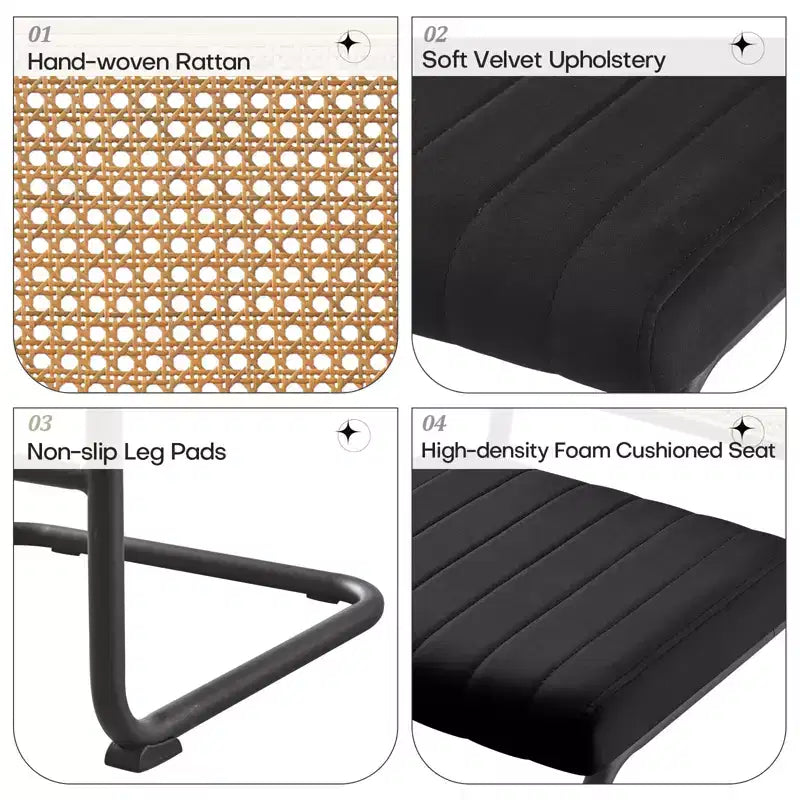 26 tabourets de bar hauteur comptoir – en rotin, velours avec dossier en cannage et structure en métal, tabourets de cuisine modernes du milieu du siècle pour îlot de cuisine