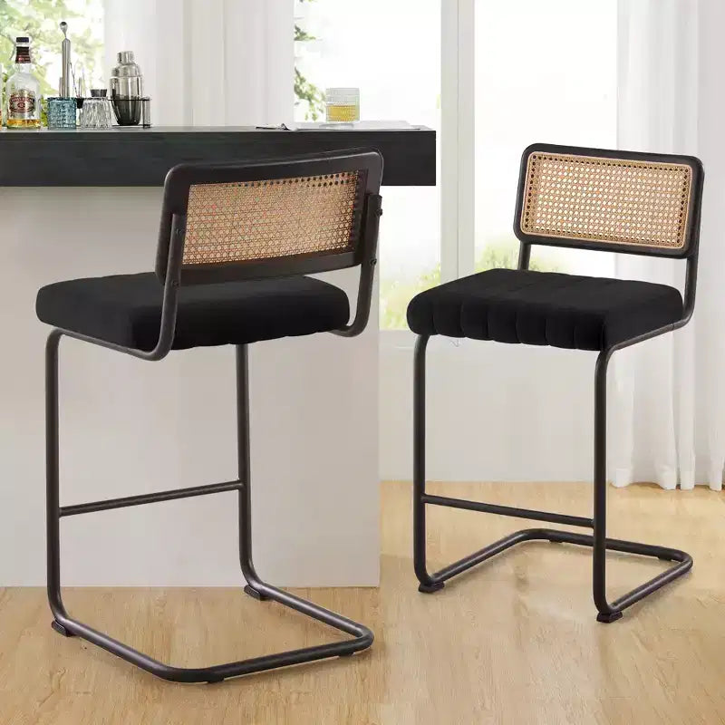 26 tabourets de bar hauteur comptoir – en rotin, velours avec dossier en cannage et structure en métal, tabourets de cuisine modernes du milieu du siècle pour îlot de cuisine