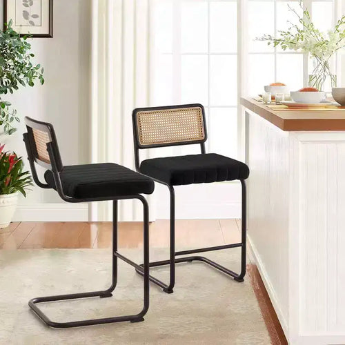 Bekrvio 26 Counter Height Bar Stools - Rattan, Velvet Upholstered with Cane Back & Metal Frame, Mid Century Modern Kitchen Stools for Counter Island