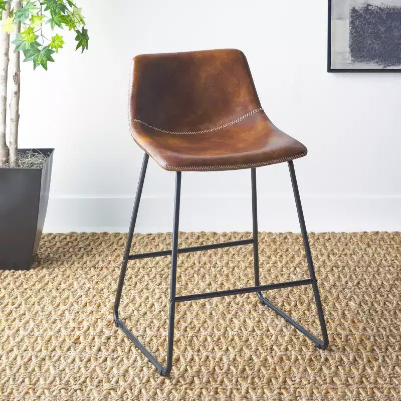 Tabouret de comptoir - Fer tapissé de cuir, sans accoudoirs, dossier rembourré, capacité de 125 kg
