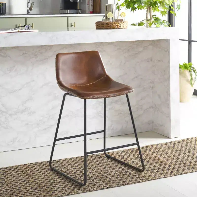 Tabouret de comptoir - Fer tapissé de cuir, sans accoudoirs, dossier rembourré, capacité de 125 kg