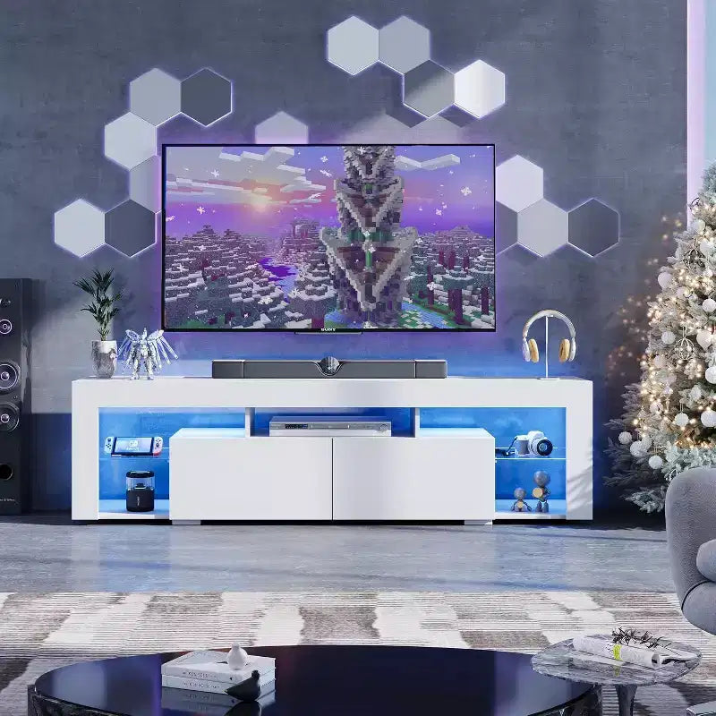 Meuble TV de 160 cm pour téléviseurs de 55/60/65/70 pouces, meuble de divertissement moderne avec étagères ouvertes, console TV en bois avec 2 tiroirs de rangement, noir