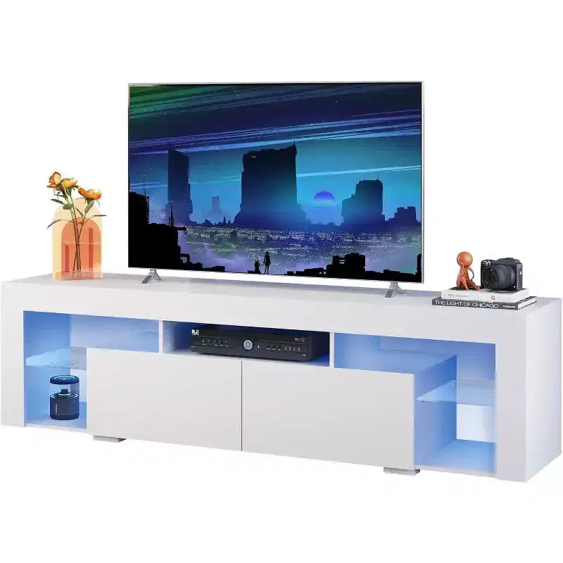 Meuble TV de 160 cm pour téléviseurs de 55/60/65/70 pouces, meuble de divertissement moderne avec étagères ouvertes, console TV en bois avec 2 tiroirs de rangement, noir