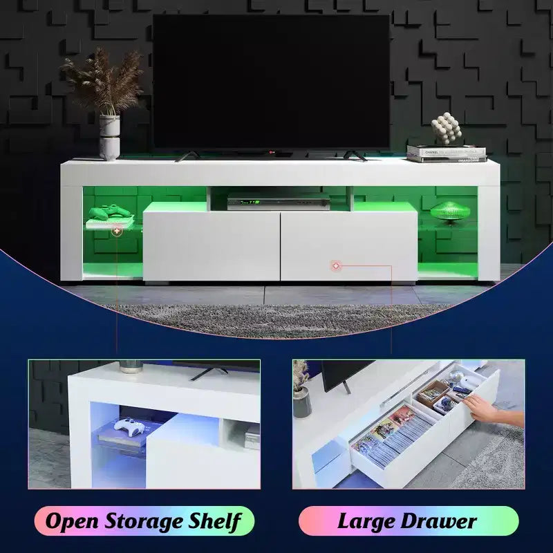 Meuble TV de 160 cm pour téléviseurs de 55/60/65/70 pouces, meuble de divertissement moderne avec étagères ouvertes, console TV en bois avec 2 tiroirs de rangement, noir