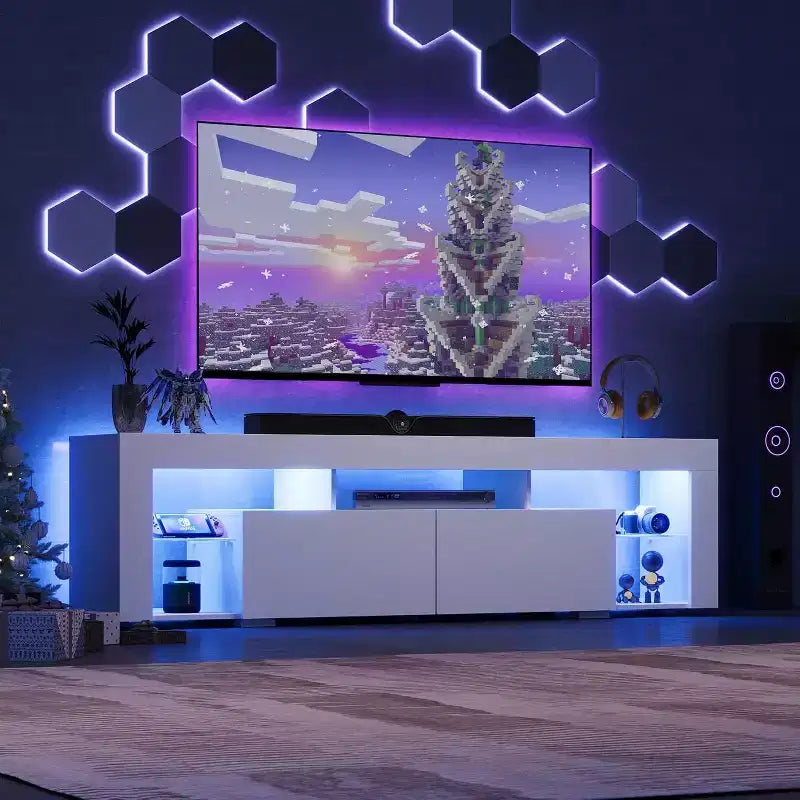 Meuble TV de 160 cm pour téléviseurs de 55/60/65/70 pouces, meuble de divertissement moderne avec étagères ouvertes, console TV en bois avec 2 tiroirs de rangement, noir