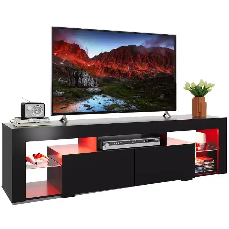 Meuble TV de 160 cm pour téléviseurs de 55/60/65/70 pouces, meuble de divertissement moderne avec étagères ouvertes, console TV en bois avec 2 tiroirs de rangement, noir
