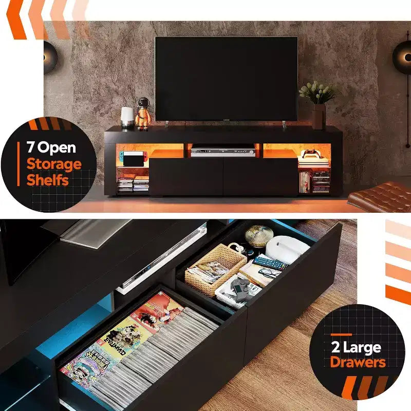 Meuble TV de 160 cm pour téléviseurs de 55/60/65/70 pouces, meuble de divertissement moderne avec étagères ouvertes, console TV en bois avec 2 tiroirs de rangement, noir