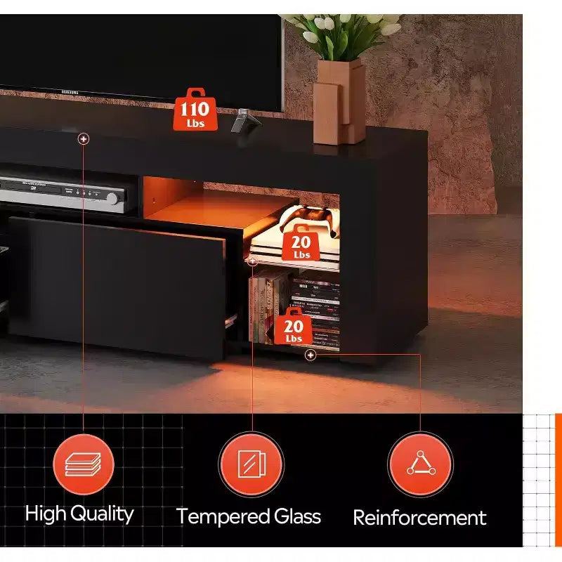 Meuble TV de 160 cm pour téléviseurs de 55/60/65/70 pouces, meuble de divertissement moderne avec étagères ouvertes, console TV en bois avec 2 tiroirs de rangement, noir