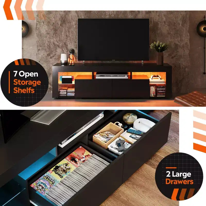 Meuble TV de 160 cm pour téléviseurs de 55/60/65/70 pouces, meuble de divertissement moderne avec étagères ouvertes, console TV en bois avec 2 tiroirs de rangement, noir