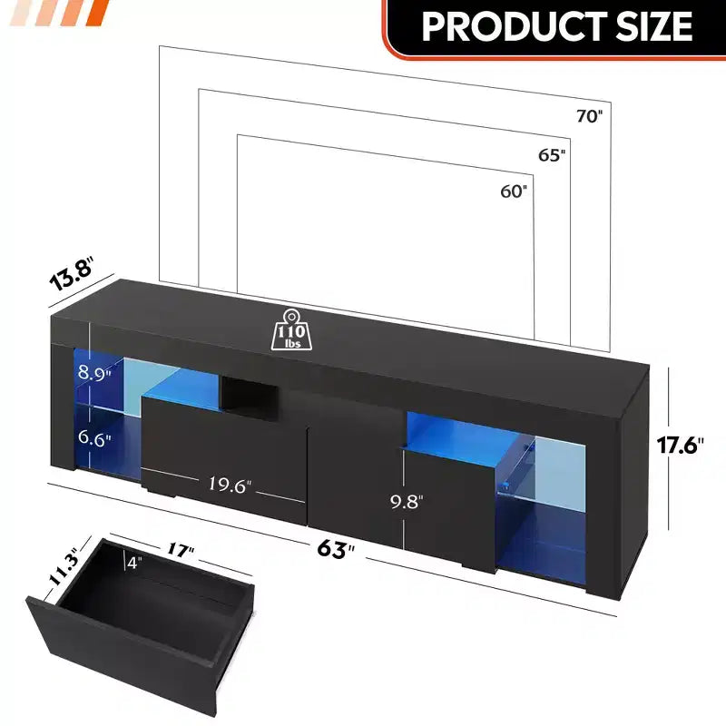 Meuble TV de 160 cm pour téléviseurs de 55/60/65/70 pouces, meuble de divertissement moderne avec étagères ouvertes, console TV en bois avec 2 tiroirs de rangement, noir
