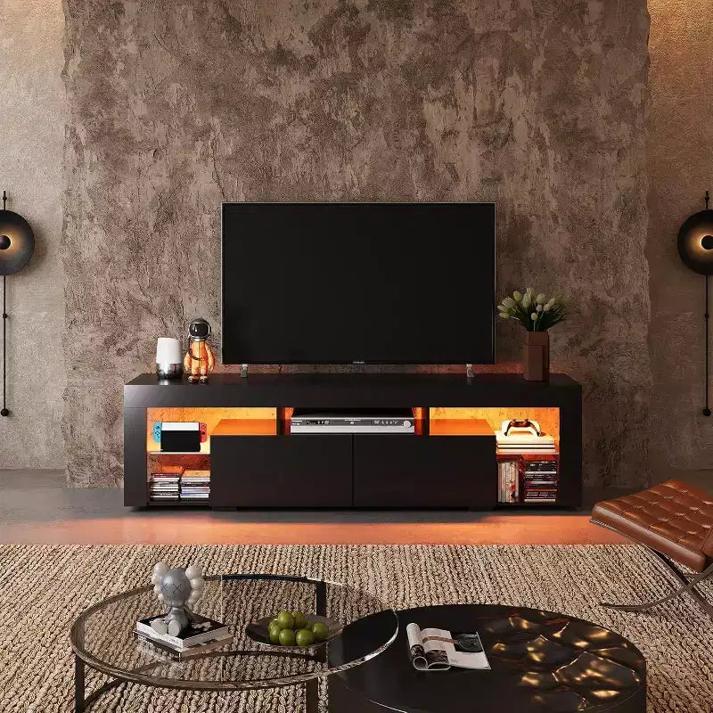 Meuble TV de 160 cm pour téléviseurs de 55/60/65/70 pouces, meuble de divertissement moderne avec étagères ouvertes, console TV en bois avec 2 tiroirs de rangement, noir