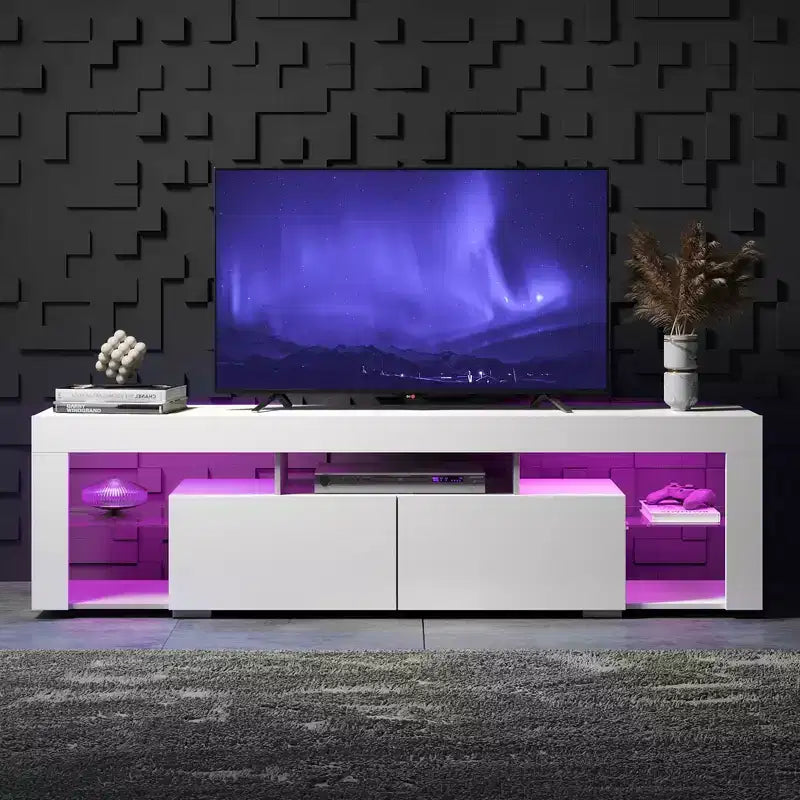 Meuble TV de 160 cm pour téléviseurs de 55/60/65/70 pouces, meuble de divertissement moderne avec étagères ouvertes, console TV en bois avec 2 tiroirs de rangement, noir