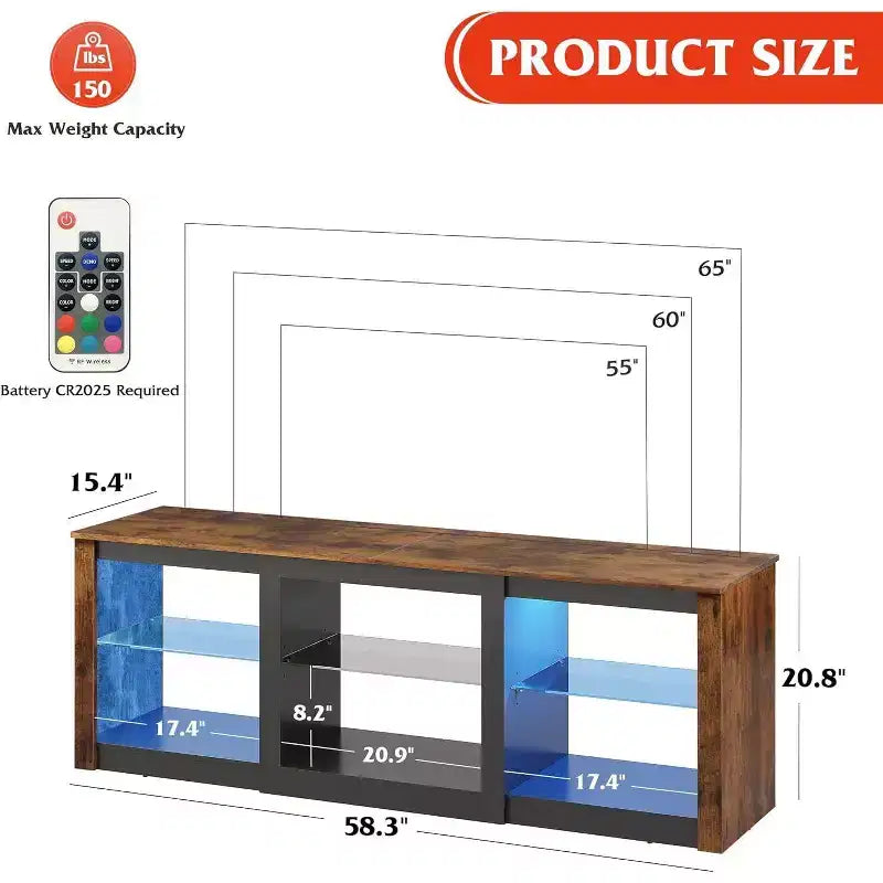 Meuble TV avec lumières LED pour téléviseurs jusqu'à 65 pouces, centre de divertissement avec étagères en verre, console TV moderne pour salon, blanc