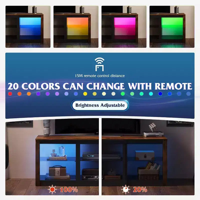 Meuble TV avec lumières LED pour téléviseurs jusqu'à 65 pouces, centre de divertissement avec étagères en verre, console TV moderne pour salon, blanc