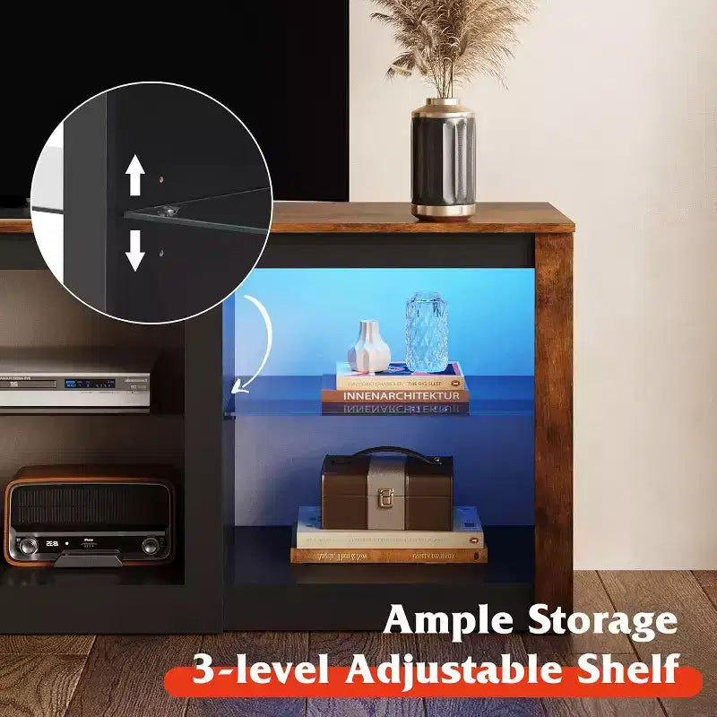 Meuble TV avec lumières LED pour téléviseurs jusqu'à 65 pouces, centre de divertissement avec étagères en verre, console TV moderne pour salon, blanc