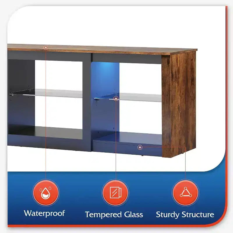 Meuble TV avec lumières LED pour téléviseurs jusqu'à 65 pouces, centre de divertissement avec étagères en verre, console TV moderne pour salon, blanc