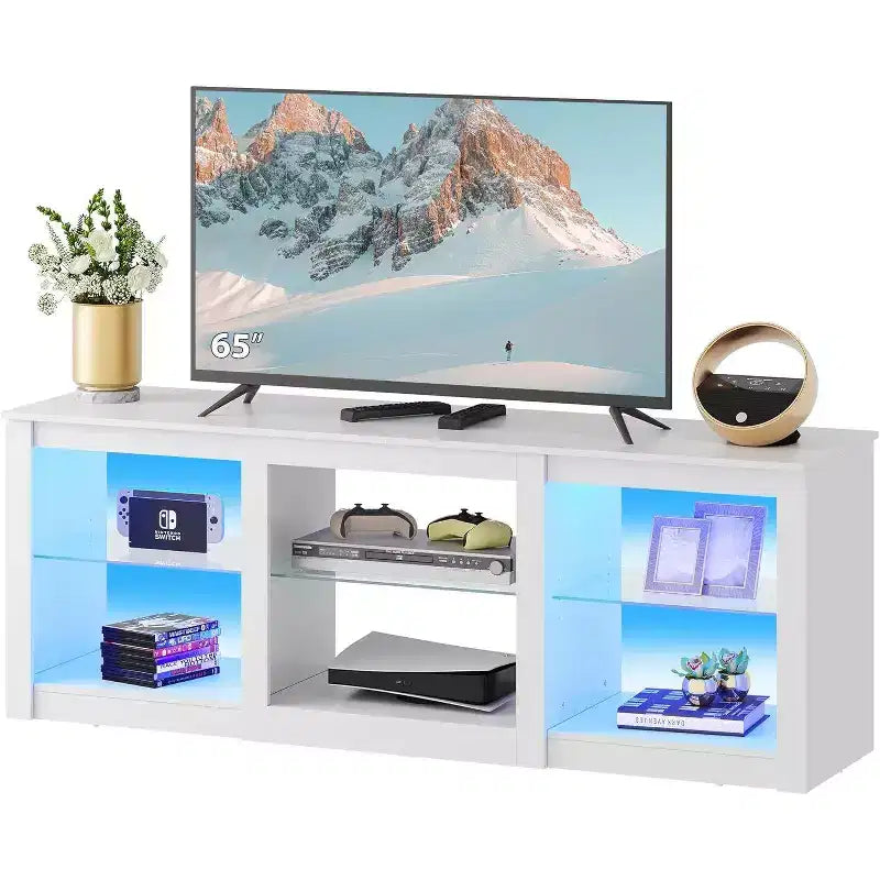 Meuble TV avec lumières LED pour téléviseurs jusqu'à 65 pouces, centre de divertissement avec étagères en verre, console TV moderne pour salon, blanc