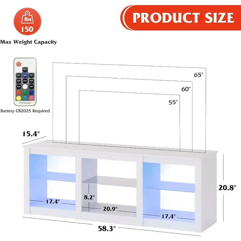 Meuble TV avec lumières LED pour téléviseurs jusqu'à 65 pouces, centre de divertissement avec étagères en verre, console TV moderne pour salon, blanc