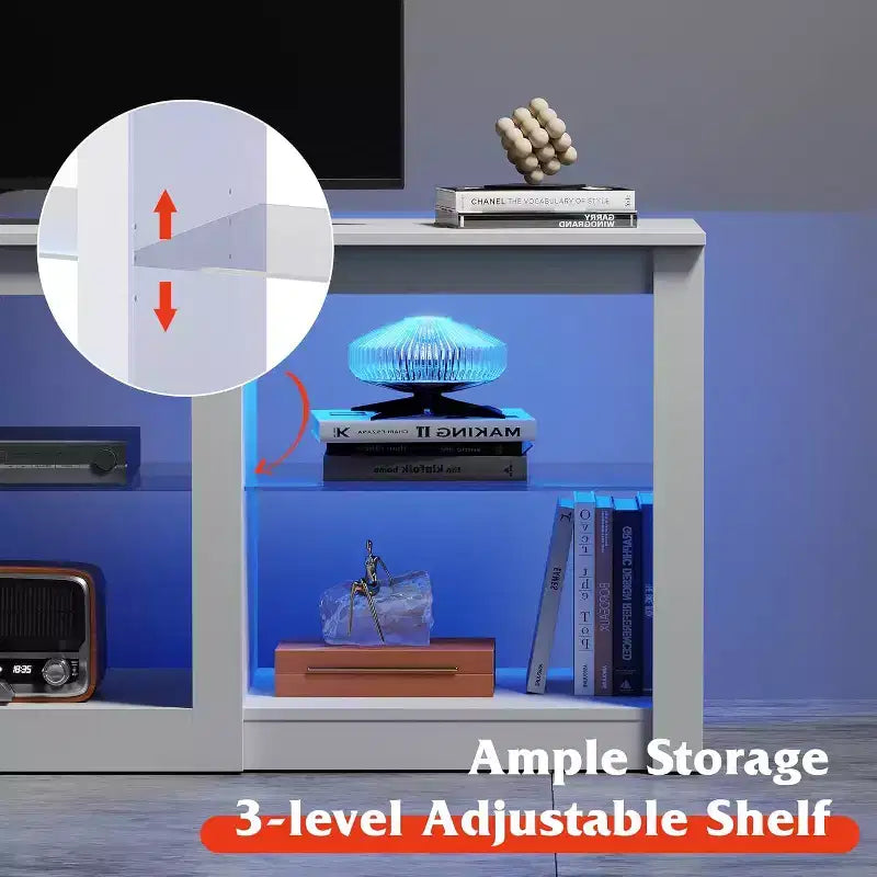 Meuble TV avec lumières LED pour téléviseurs jusqu'à 65 pouces, centre de divertissement avec étagères en verre, console TV moderne pour salon, blanc