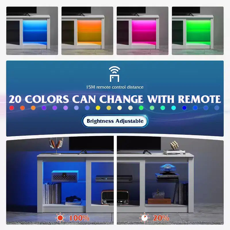 Meuble TV avec lumières LED pour téléviseurs jusqu'à 65 pouces, centre de divertissement avec étagères en verre, console TV moderne pour salon, blanc