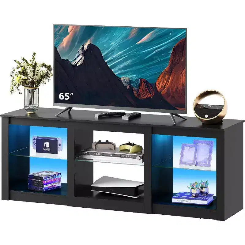 Meuble TV avec lumières LED pour téléviseurs jusqu'à 65 pouces, centre de divertissement avec étagères en verre, console TV moderne pour salon, blanc
