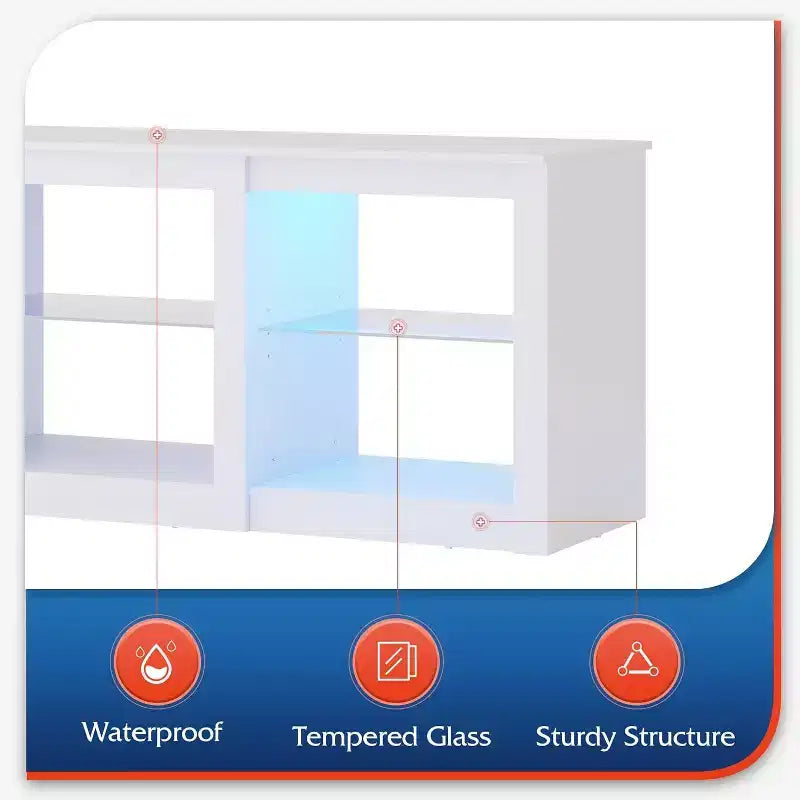 Meuble TV avec lumières LED pour téléviseurs jusqu'à 65 pouces, centre de divertissement avec étagères en verre, console TV moderne pour salon, blanc