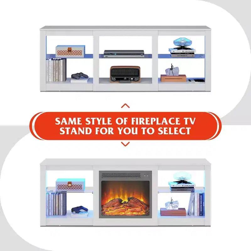 Meuble TV avec lumières LED pour téléviseurs jusqu'à 65 pouces, centre de divertissement avec étagères en verre, console TV moderne pour salon, blanc