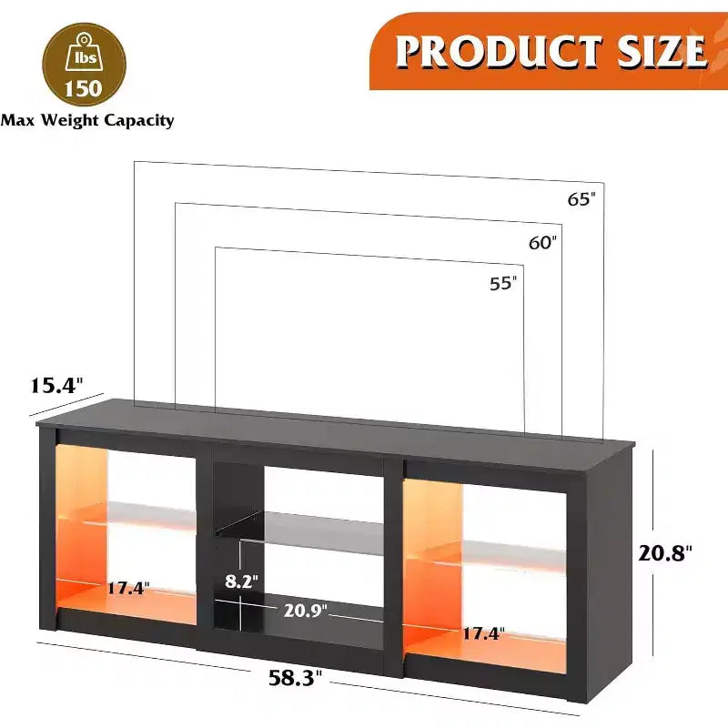 Meuble TV avec lumières LED pour téléviseurs jusqu'à 65 pouces, centre de divertissement avec étagères en verre, console TV moderne pour salon, blanc