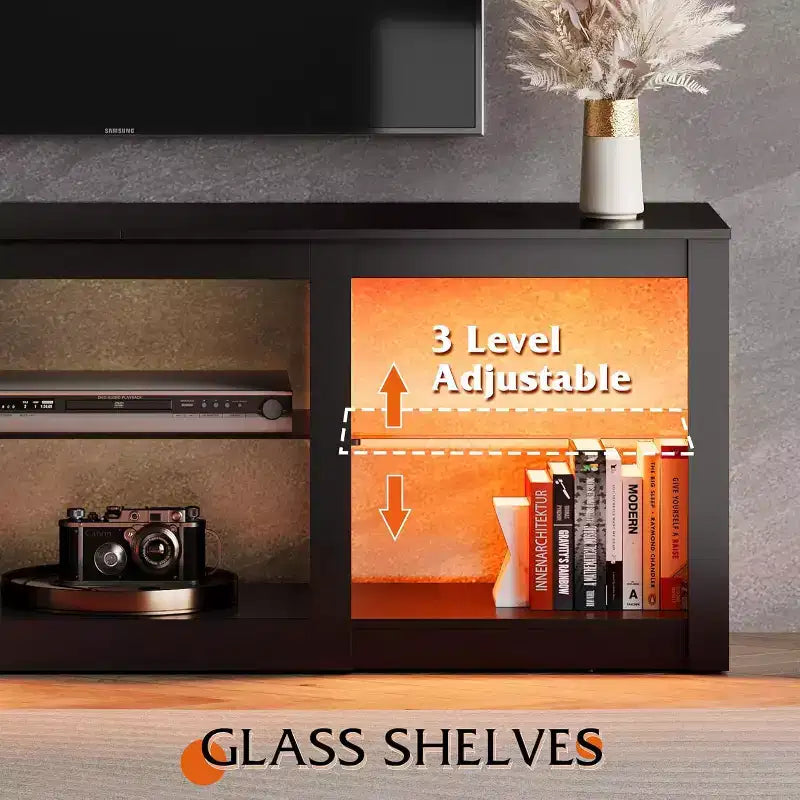 Meuble TV avec lumières LED pour téléviseurs jusqu'à 65 pouces, centre de divertissement avec étagères en verre, console TV moderne pour salon, blanc