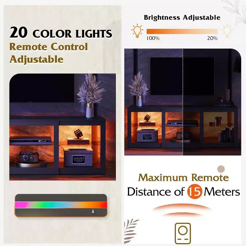 Meuble TV avec lumières LED pour téléviseurs jusqu'à 65 pouces, centre de divertissement avec étagères en verre, console TV moderne pour salon, blanc