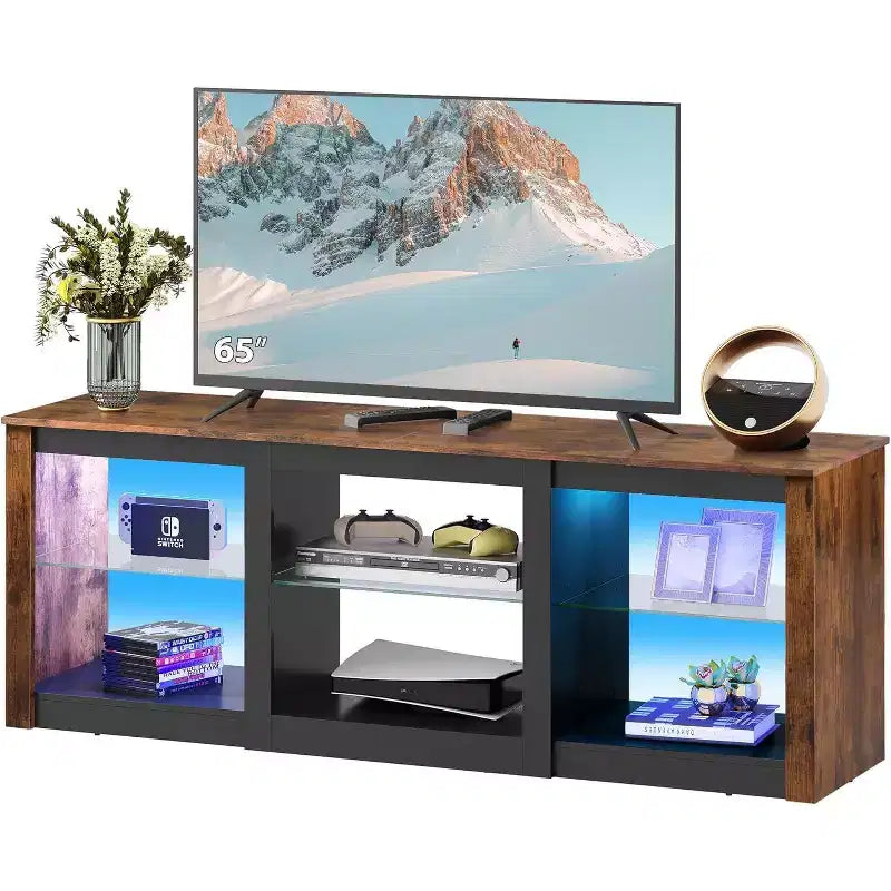 Meuble TV avec lumières LED pour téléviseurs jusqu'à 65 pouces, centre de divertissement avec étagères en verre, console TV moderne pour salon, blanc