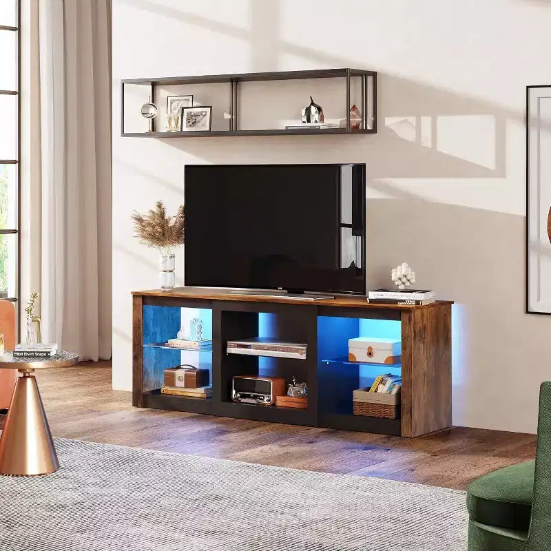 Meuble TV avec lumières LED pour téléviseurs jusqu'à 65 pouces, centre de divertissement avec étagères en verre, console TV moderne pour salon, blanc