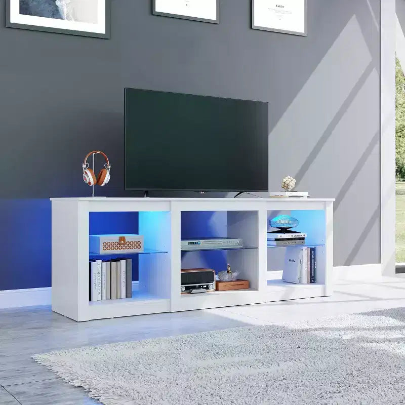 Meuble TV avec lumières LED pour téléviseurs jusqu'à 65 pouces, centre de divertissement avec étagères en verre, console TV moderne pour salon, blanc