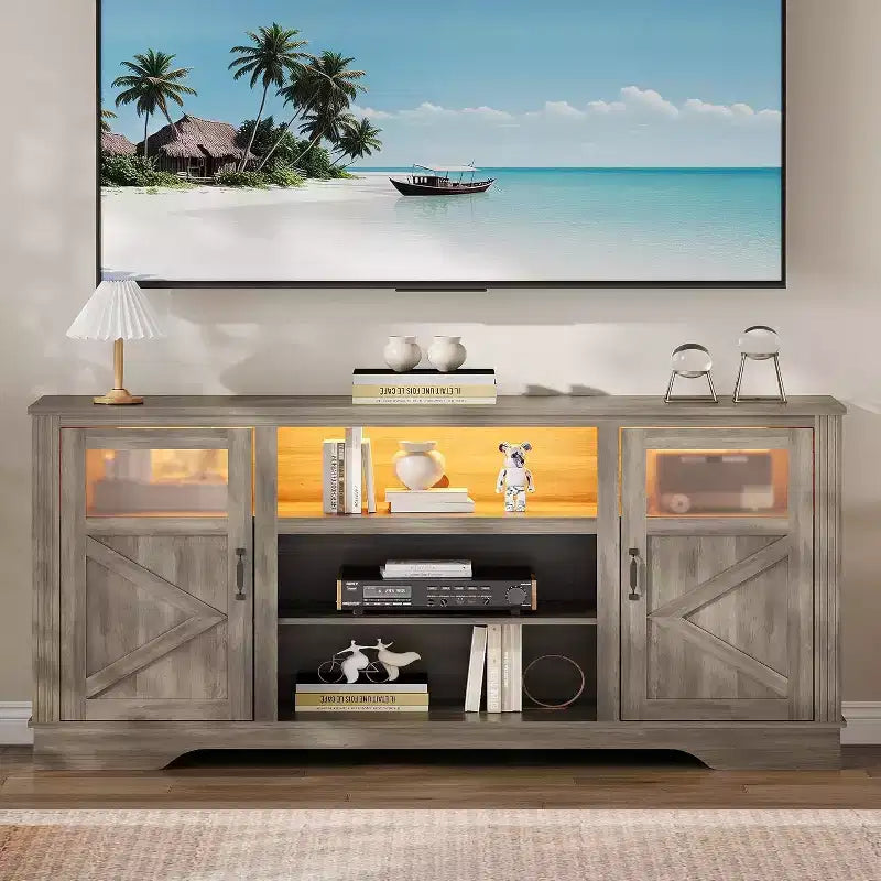 Meuble TV de ferme avec lumières LED, centre de divertissement élégant pour téléviseurs de 65 pouces, avec armoires de rangement et étagères ouvertes