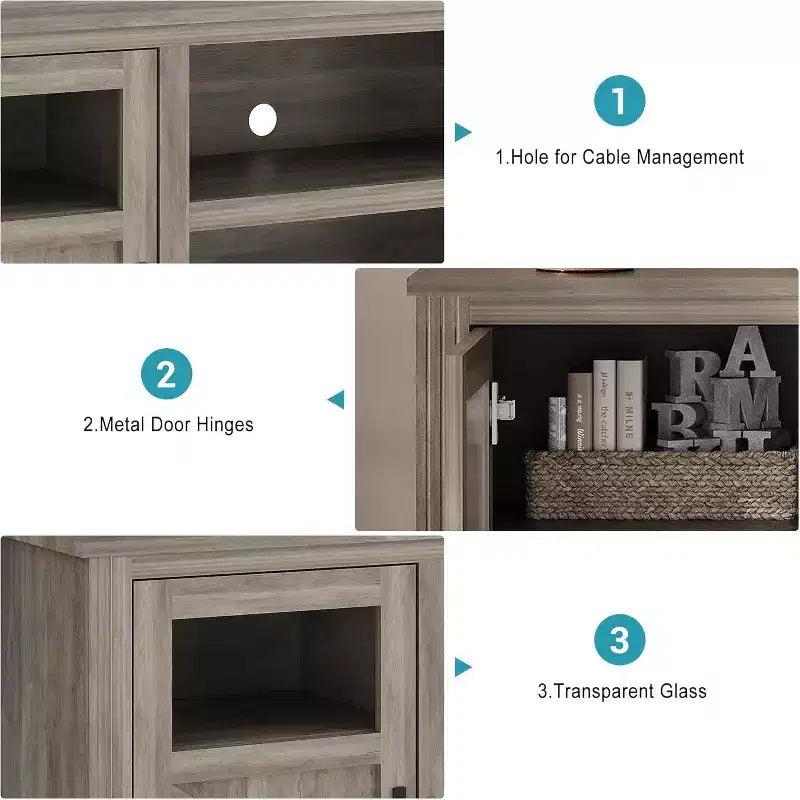 Meuble TV de ferme avec lumières LED, centre de divertissement élégant pour téléviseurs de 65 pouces, avec armoires de rangement et étagères ouvertes