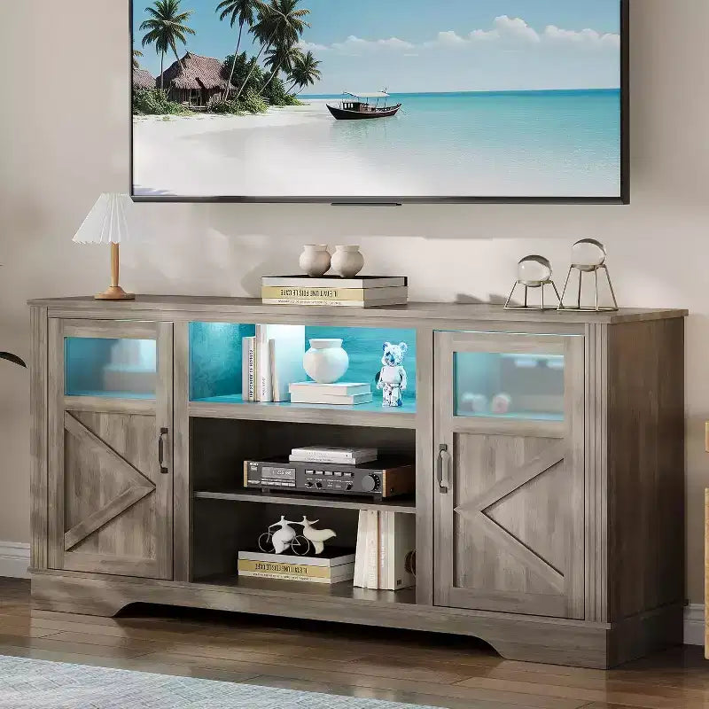 Meuble TV de ferme avec lumières LED, centre de divertissement élégant pour téléviseurs de 65 pouces, avec armoires de rangement et étagères ouvertes