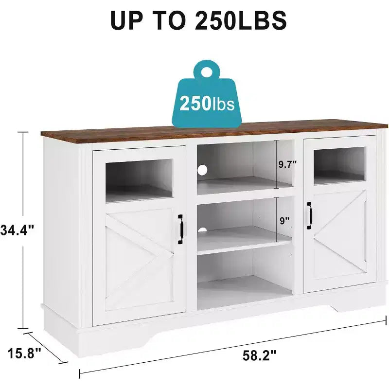 Meuble TV de ferme avec lumières LED, centre de divertissement élégant pour téléviseurs de 65 pouces, avec armoires de rangement et étagères ouvertes