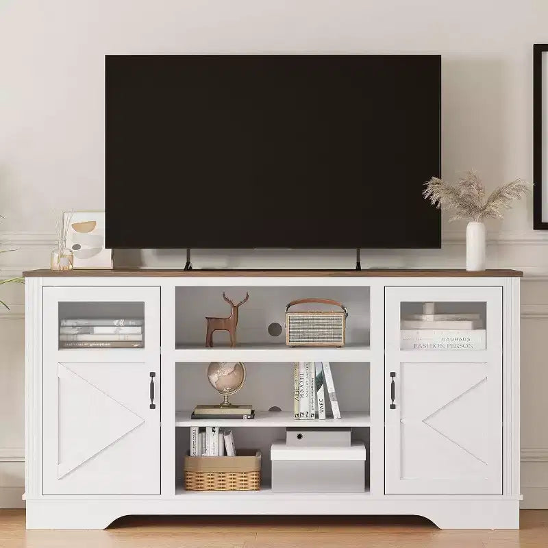Meuble TV de ferme avec lumières LED, centre de divertissement élégant pour téléviseurs de 65 pouces, avec armoires de rangement et étagères ouvertes