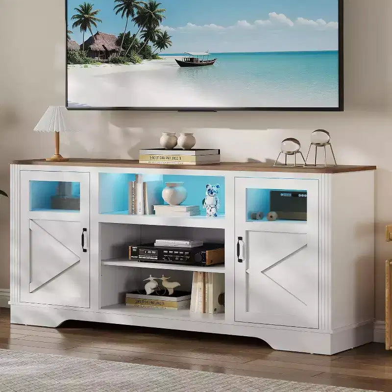 Meuble TV de ferme avec lumières LED, centre de divertissement élégant pour téléviseurs de 65 pouces, avec armoires de rangement et étagères ouvertes