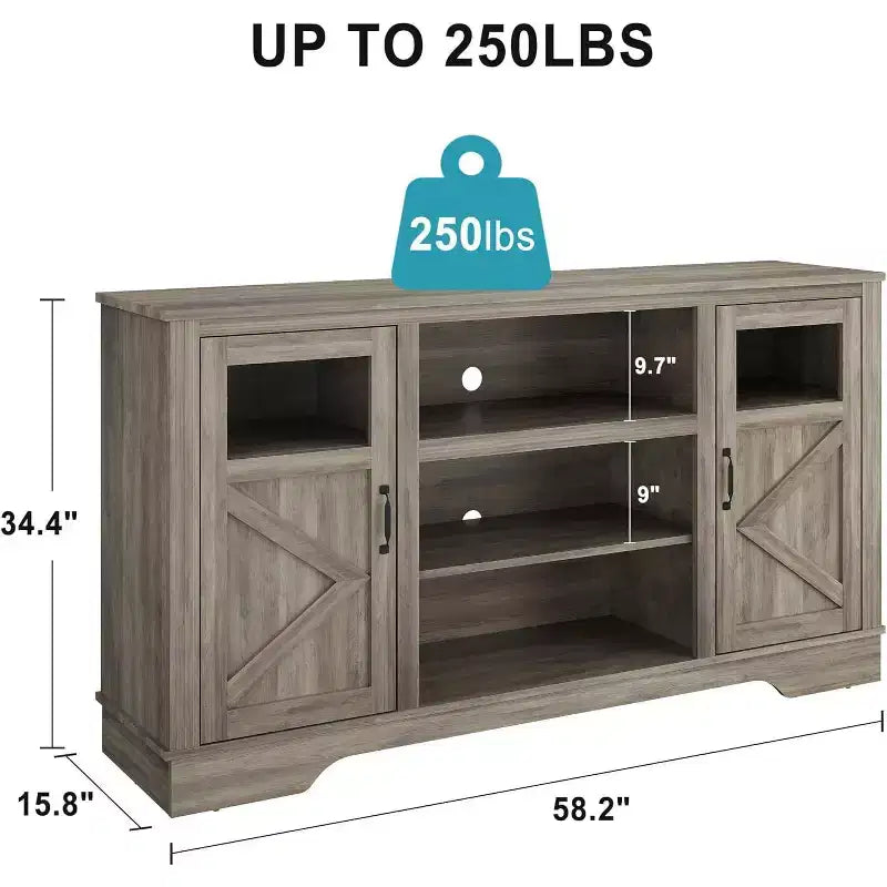 Meuble TV de ferme avec lumières LED, centre de divertissement élégant pour téléviseurs de 65 pouces, avec armoires de rangement et étagères ouvertes