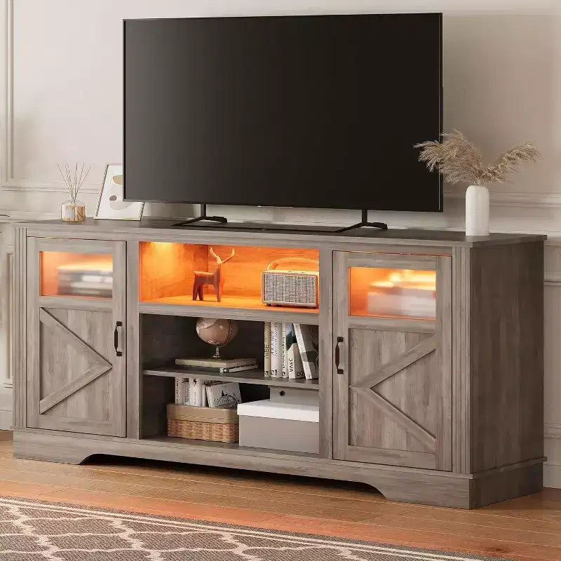 Meuble TV de ferme avec lumières LED, centre de divertissement élégant pour téléviseurs de 65 pouces, avec armoires de rangement et étagères ouvertes