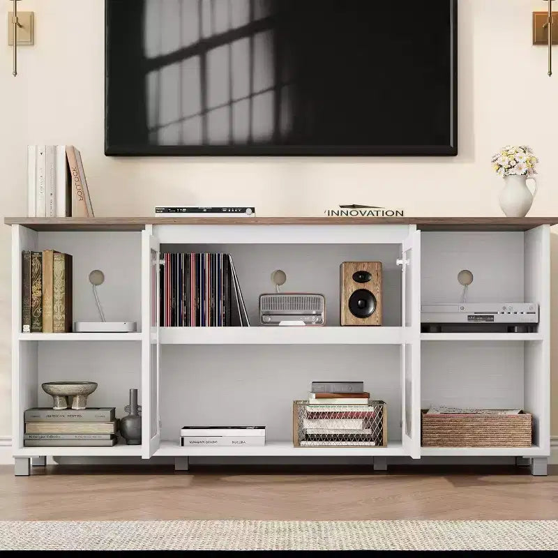 Meuble TV moderne pour téléviseur 70 pouces, console multimédia noire avec portes en verre et étagères, meuble de rangement pour salon