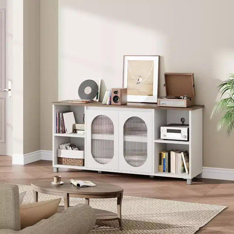 Meuble TV moderne pour téléviseur 70 pouces, console multimédia noire avec portes en verre et étagères, meuble de rangement pour salon