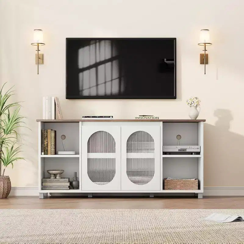 Meuble TV moderne pour téléviseur 70 pouces, console multimédia noire avec portes en verre et étagères, meuble de rangement pour salon
