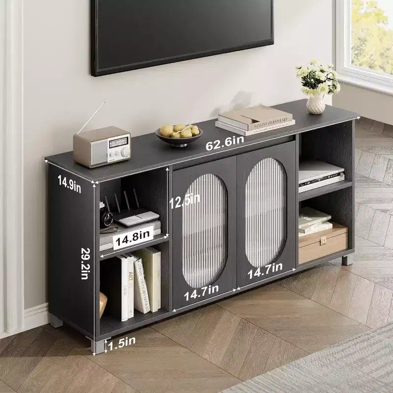 Meuble TV moderne pour téléviseur 70 pouces, console multimédia noire avec portes en verre et étagères, meuble de rangement pour salon