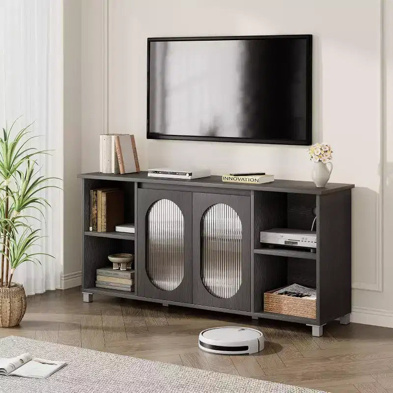 Meuble TV moderne pour téléviseur 70 pouces, console multimédia noire avec portes en verre et étagères, meuble de rangement pour salon