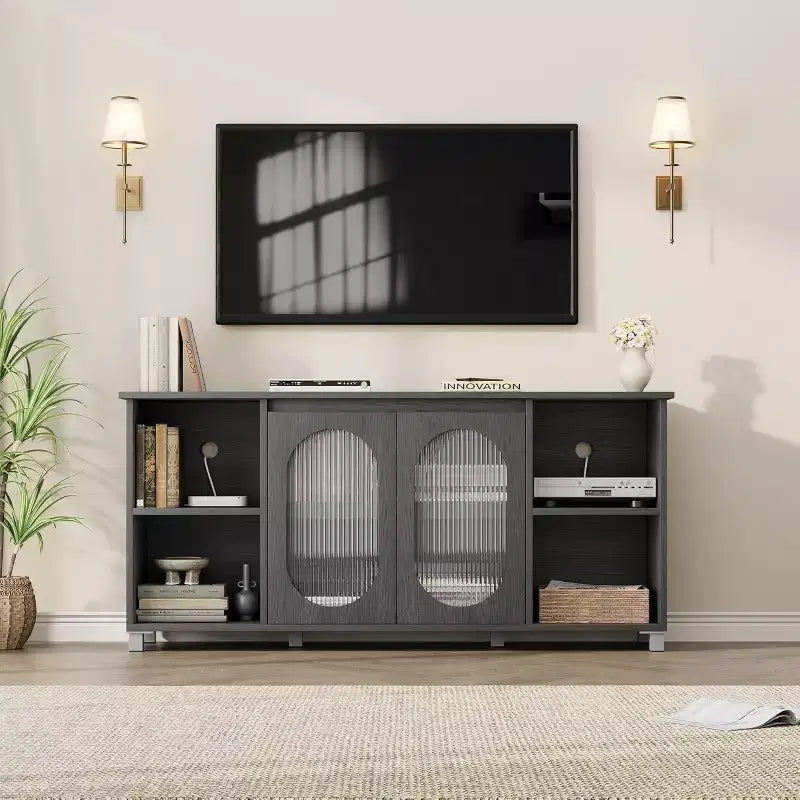 Meuble TV moderne pour téléviseur 70 pouces, console multimédia noire avec portes en verre et étagères, meuble de rangement pour salon